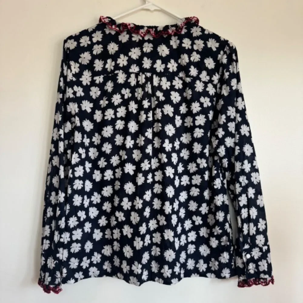J. Crew Embroidered Ruffle Blouse - Blue/White Daisy Floral Pattern | Size S